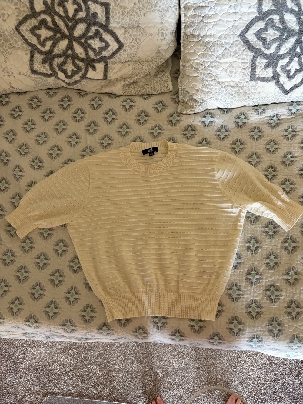 Frye Cream Ribbed Short-Sleeve Crewneck Sweater